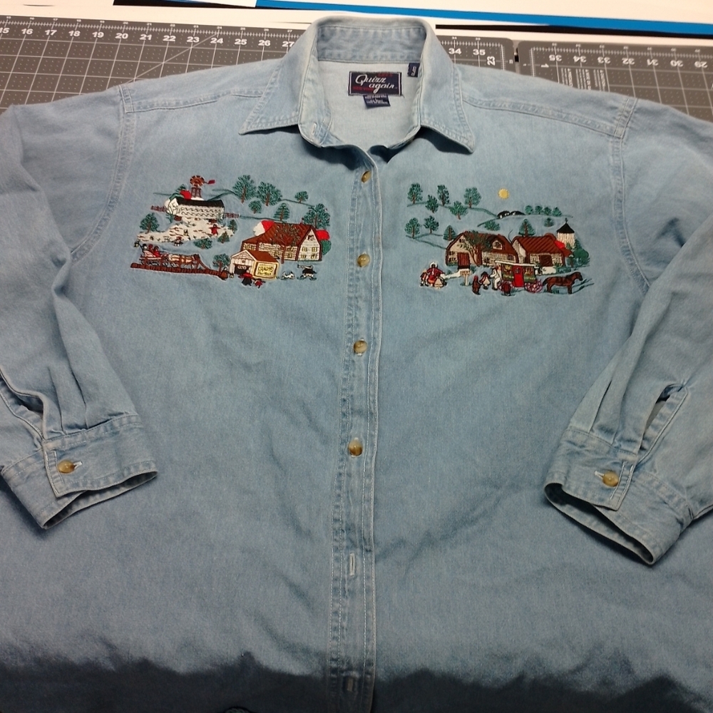 Let's Quizz Again Vintage Denim Shirt with Embroidered Farmhouse Scene